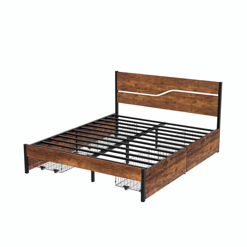 Starnisha Queen Size Bed Frame with 4 Storage Drawers, Rustic Brown Wood and Metal Platform Bed with Underbed Drawers, Industrial Farmhouse Queen Storage Bedframe, No Box Spring Needed
