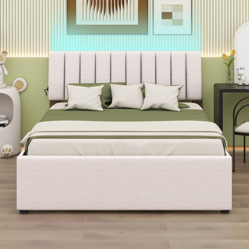 Lit plateforme tapissier avec lit gigogne, Beige