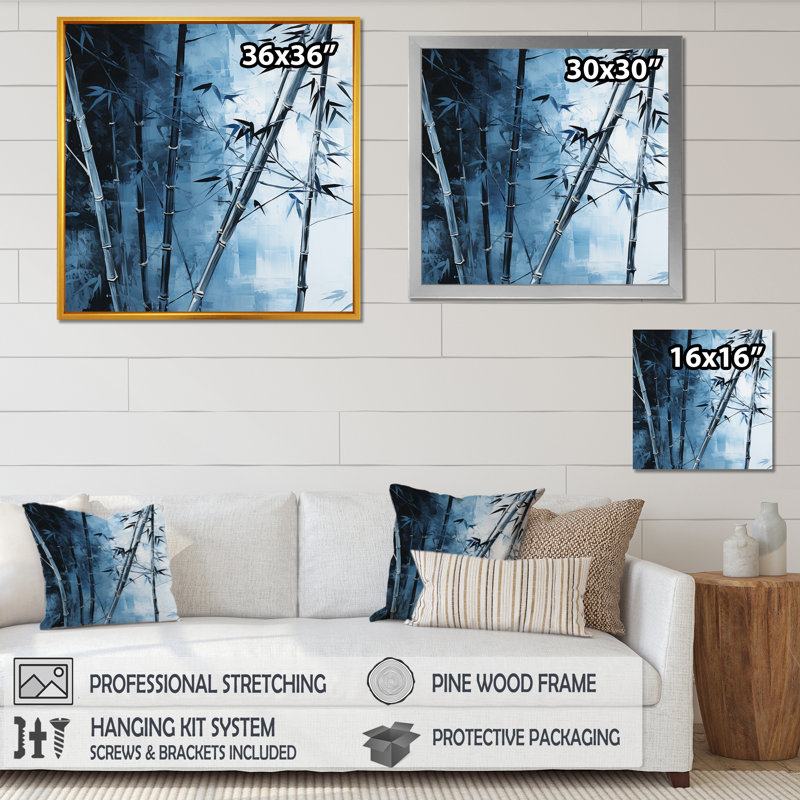 Serenity In Blue Bamboo Forest - impressions sur toile de bambou_106644, H 16 po x l 16 po x P 1 po, Cadre flottant noir