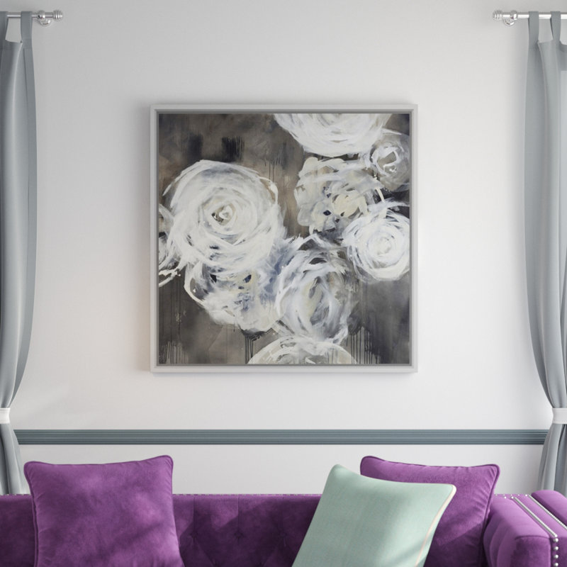 « neuf roses », peinture sur toile, H 37,7 po x l 37,7 po x p 1,75 po, Cadre flottant blanc