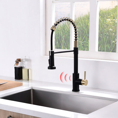Automatic Smart Kitchen Faucet - Touchless With Motion Sensor, Hands Sink Faucet, Black + Gold, Contemporary Style, Ceramic Filler, Brass Construction Pull Out ,