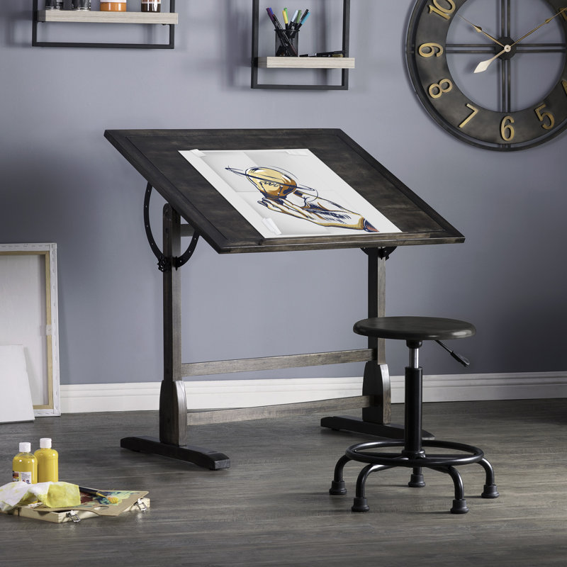 Gumesindo Solid Wood Top Drafting Table, 36" H x 36" W x 24" D, Distressed Black