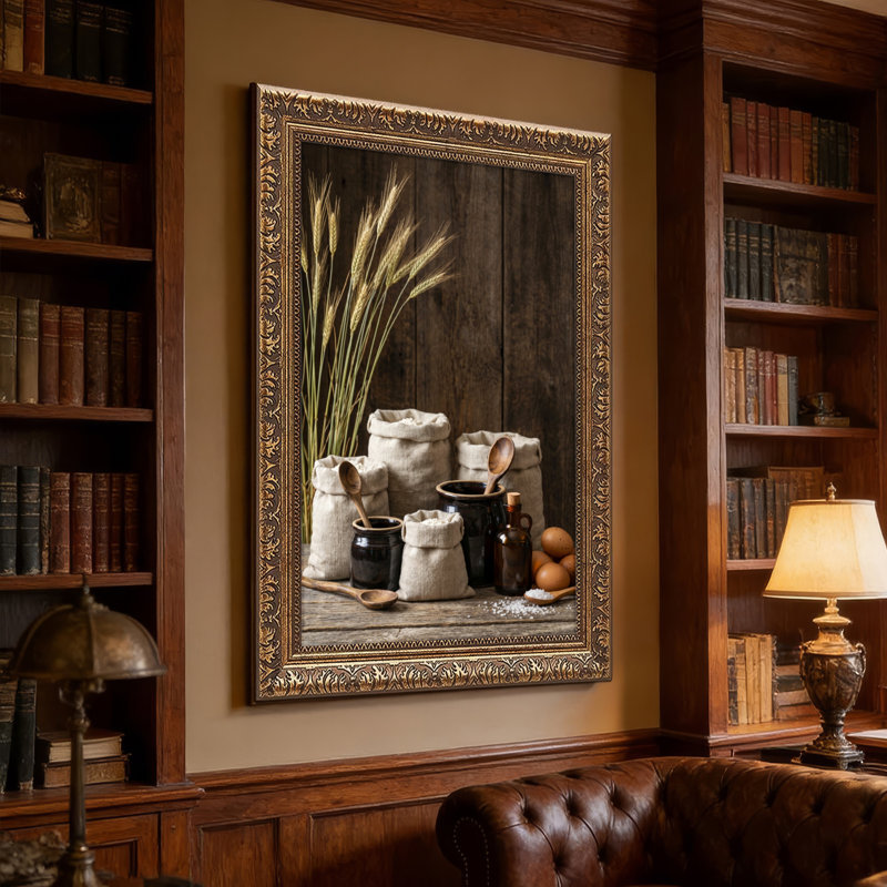 Art mural en toile noyer doré encadré pour le salon, la chambre à coucher, le bureau ou le vestibule - Décoration murale décorative avec cuisine rustique