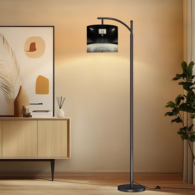 Arc Floor Lamp with Adjustable Lampshade Black White Basketball Court Empty Wooden Floor Spotlights Standing Lamp 3 Colour Temperatures Dimmable Tall Pole Lamp with Foot Switch for Bedroom