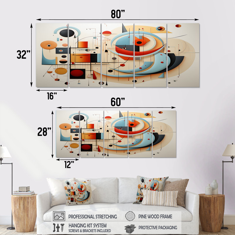 All That Jazz Geometric Expressionism - Midcentury, art mural 5 pièces, H 32 po x l 80 po