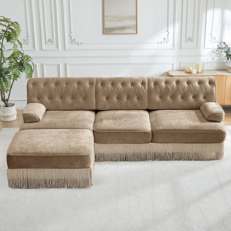 Canapé d'angle modulaire 3 places couleur camel, jupe à franges, mousse haute densité idéale pour étudier