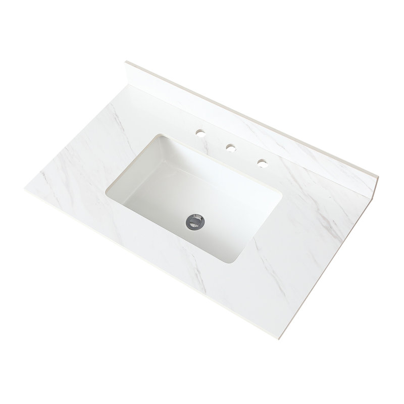 Comptoir de meuble-lavabo en pierre frittée blanche 37 po - lavabo central rectangulaire, dosseret de 4 po, trou de robinet pré-percé, attrayante et durable