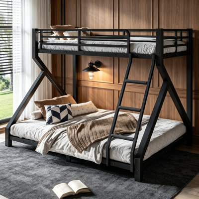 Twin Over Full Metal Bunk Bed, Heavy Duty Floor Bunk Bed Frame with Ladder & Safety Guardrails for Bedroom Dorm, No Box Spring Needed, Black