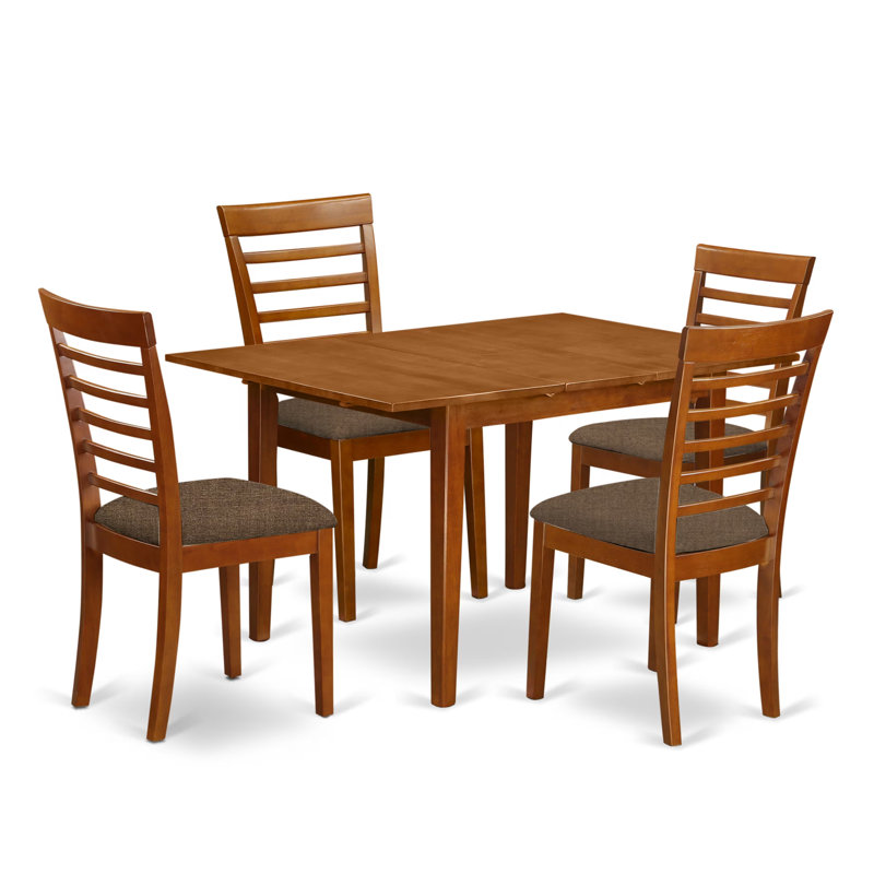 Ensemble de salle à manger 5 pièces comprenant une table rectangulaire avec rallonge papillon et 4 chaises de cuisine rembourrées en lin, 91 x 137 cm, marron selle