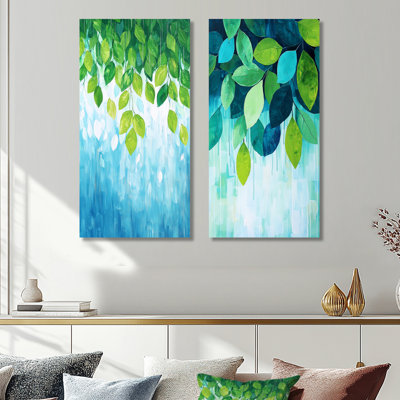 Forest Leave Greens in the Rain I - Leaves  Wall Decor, Traditional Floral 2 Piece Wall Art