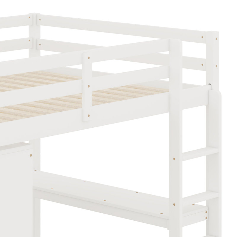 Lit mezzanine en bois avec garde-robe intégré, bureau, tablettes de rangement et tiroirs, Blanc