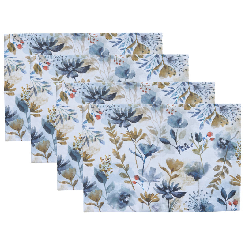  Ensemble de 4 napperons blancs Bloomington, Bleu, Floral