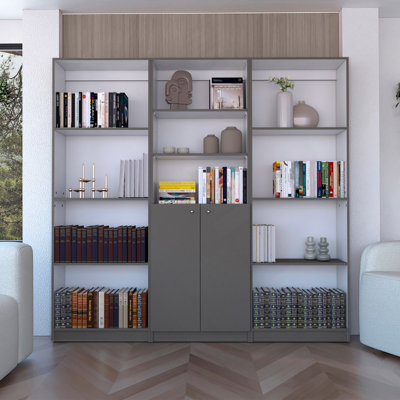 Ensemble de bibliothèque 3 pièces, large de 74 po avec 11 tablettes et 2 portes, ensemble de salon gris mat / blanc