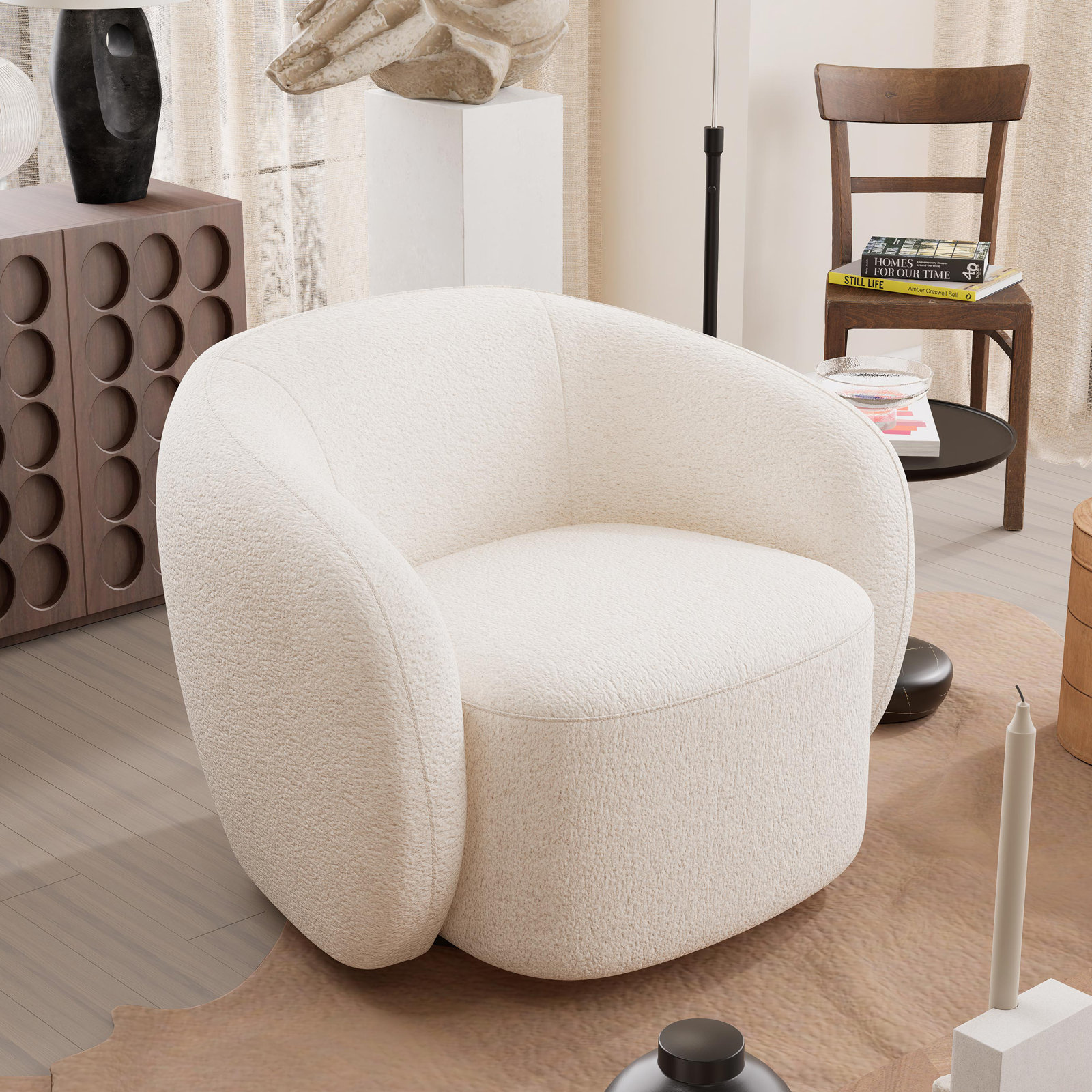 Munehito Upholstered Swivel Barrel Chair, White