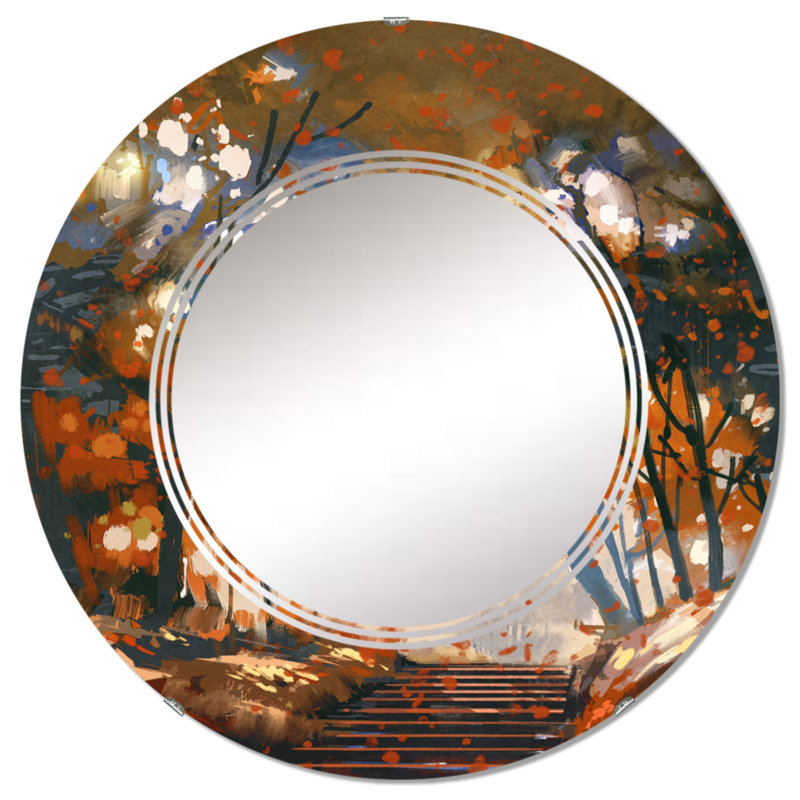 Escalier avec arbres dans le parc - Miroir mural traditionnel rond, 32 po x 32 po