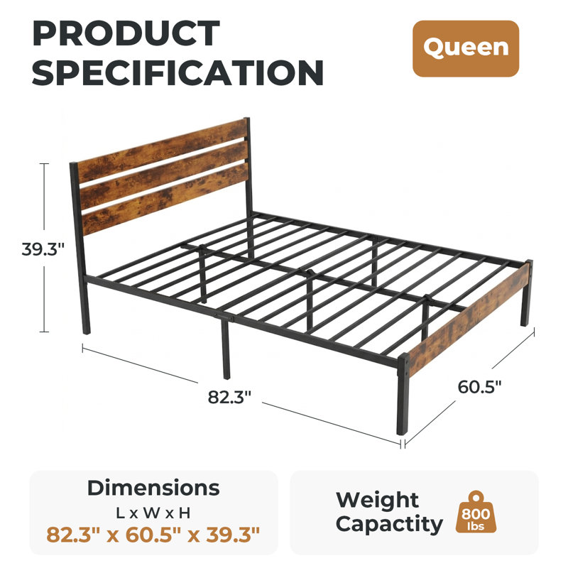  Metal Platform Bed Frame with Headboard & Footboard - No Box Spring Needed, 800LBS Sturdy Wooden Slats Support, Industrial Style