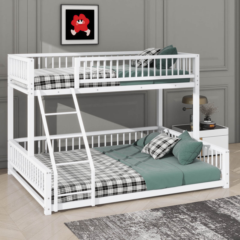Twin XL Over Queen Floor Bunk Bed Frame Equipped With A Ladder And Safety Guardrails, White