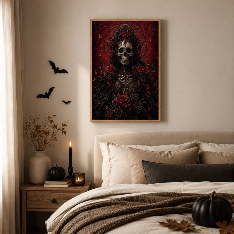 Art mural sur toile gothique avec reine squelette et roses rouges, 48"H x 36"W