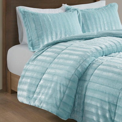 Faux Fur Comforter For Full/queen - Teal Blue, , , Elegant 2 Pillows Blue Bed Full/queen, Stylish Pillow Shams