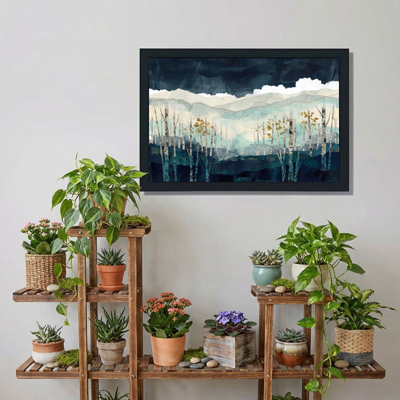 Toile de bouleau bleu sarcelle et montagnes bleues avec feuilles dorées, art mural, H 24 po x l 36 po