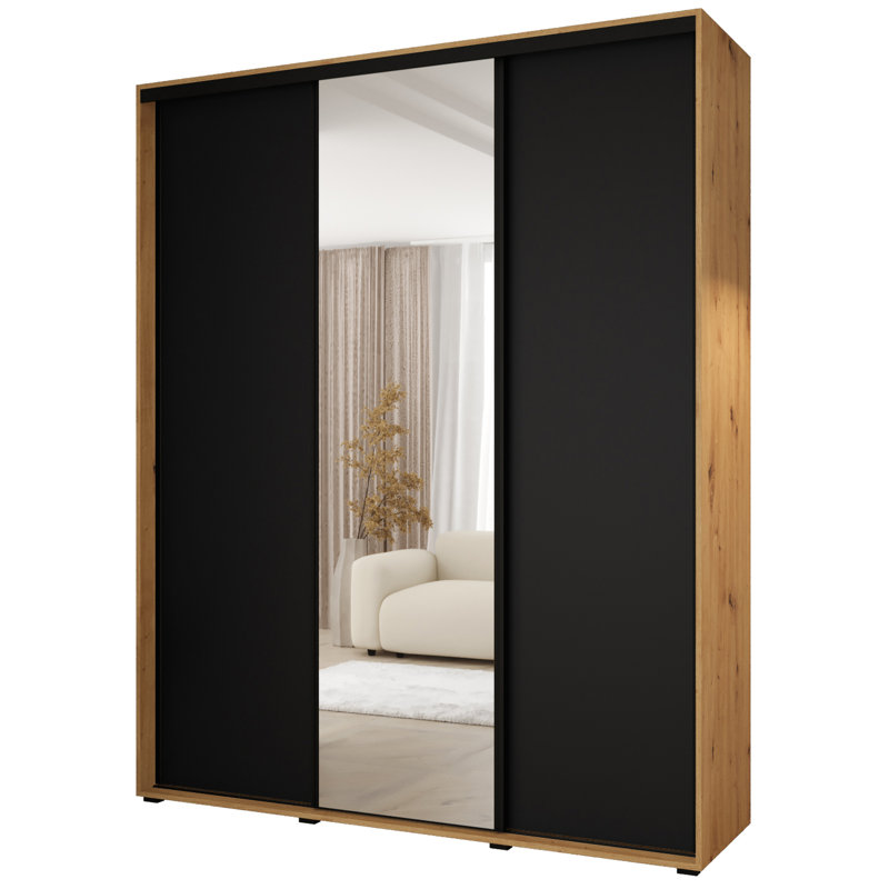 3 Door Manufactured Wood Wardrobe, Black/Natural, 235.2cm H x 200cm W x 60cm D