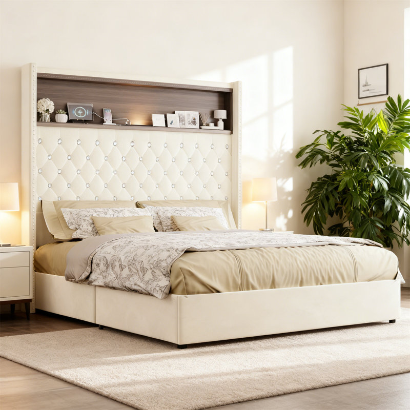 Tufted Velvet Platform Bed with 52'' Wingback Headboard,Storage Shelf,USB Charging Port & Night Light, Beige, Queen