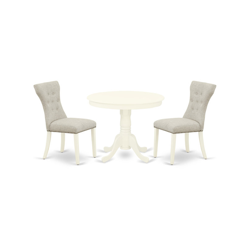 L'ensemble de mobilier de salle à manger 3 pièces comprend une table de salle à manger ronde avec piédestal et 2 chaises rembourrées en tissu de lin, 36 x 36 pouces, blanc lin