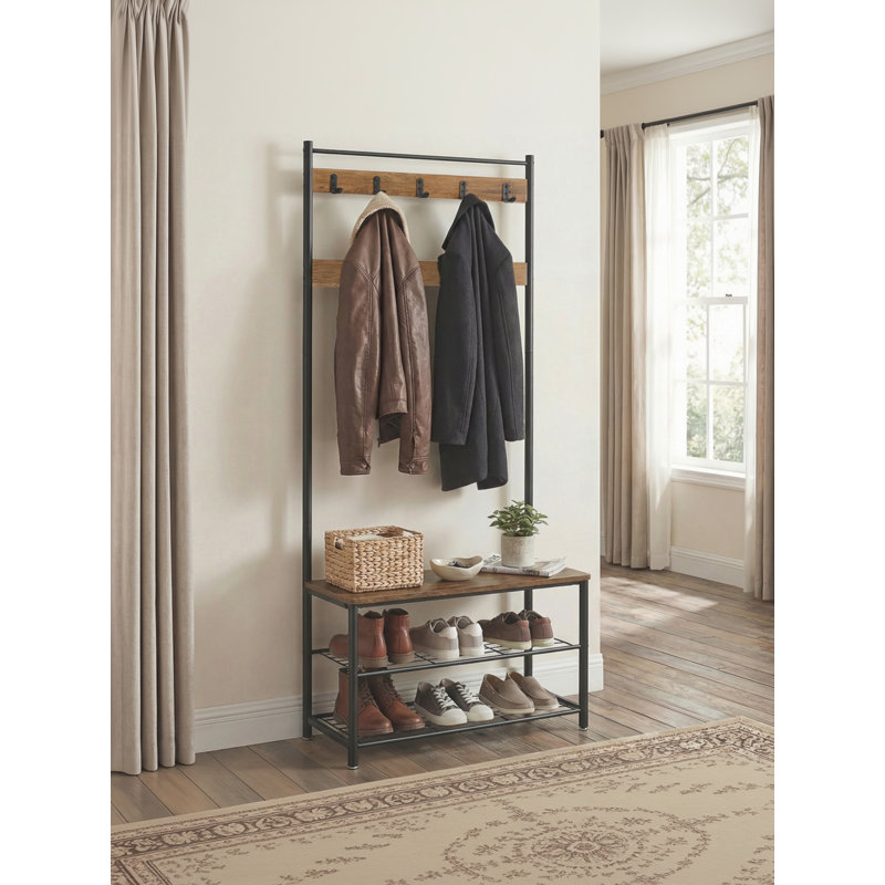 Coat Rack, Hall Tree with Shoe Storage Bench, 32 x 70 x 175 cm, Industrial, Rustic Walnut