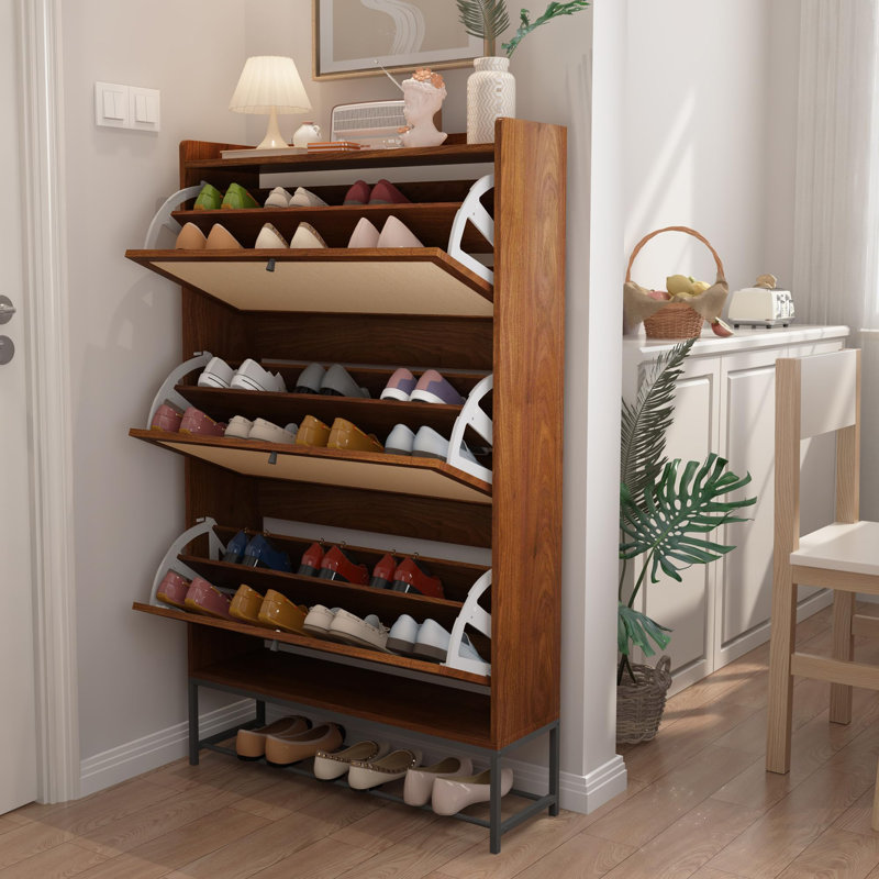 Ciano 28-Pair Manufactured Wood and Metal Shoe Storage Cabinet, Brown