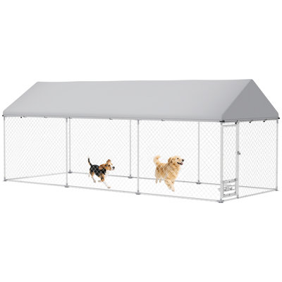 Outdoor Dog Kennel with Roof, Heavy Duty Dog Kennel Outside Run Enclosure with Adjustable & Rotatable Bowl Rack, Waterproof UV-Resistant Cover, Secure Lock