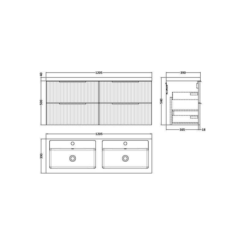 Fluted 1205mm Double Bathroom Vanity with Drop In Basin, Blue