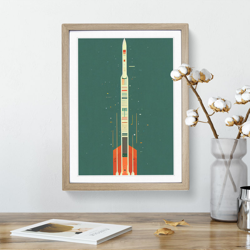 Artistic Spaceship Rocket No.1 - Single Picture Frame Print, 64cm H x 46cm W x 2cm D, Oak 