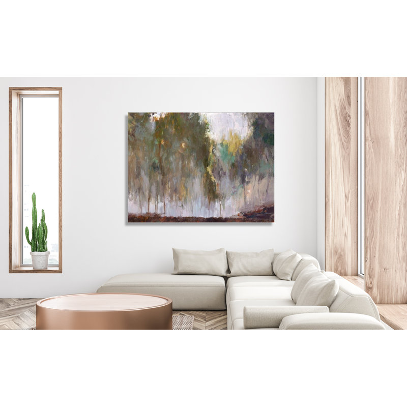 Mist In The Forest Nala Print by John Beard, Black Framed Canvas, 36" H x 48" W x 1.75" D