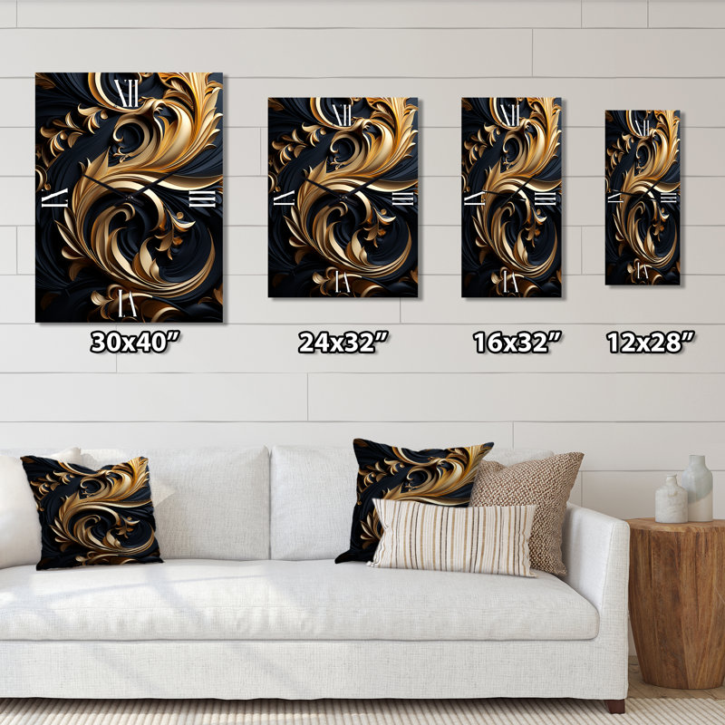 Horloge murale en or à motif d'or sur fond noir I, H 32 po x l 16 po x P 1 po