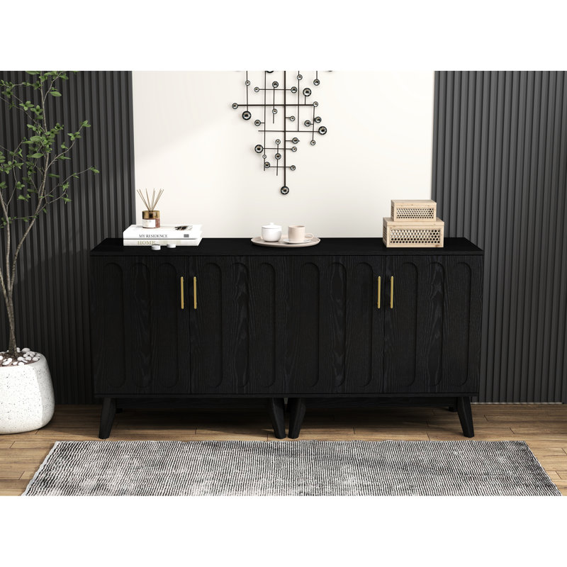 Buffet cannelé avec trou de sortie, pieds en bois massif et rangement réglable - tablettes de salle à manger, décoration de construction