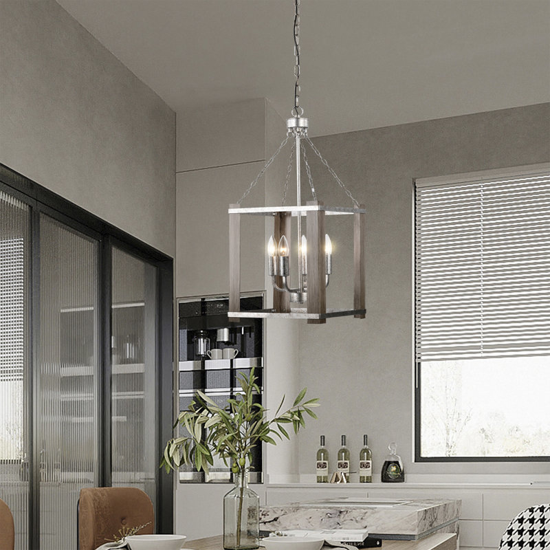 Lanterne suspendue rectangulaire à 4 lumières avec accents en bois Myrhn