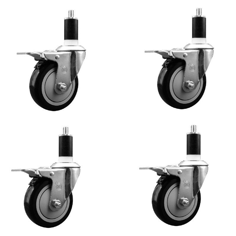 4 Inch SS Poly Swivel 1-3/8 Inch Expanding Stem Caster Set Total Lock Brake, Black
