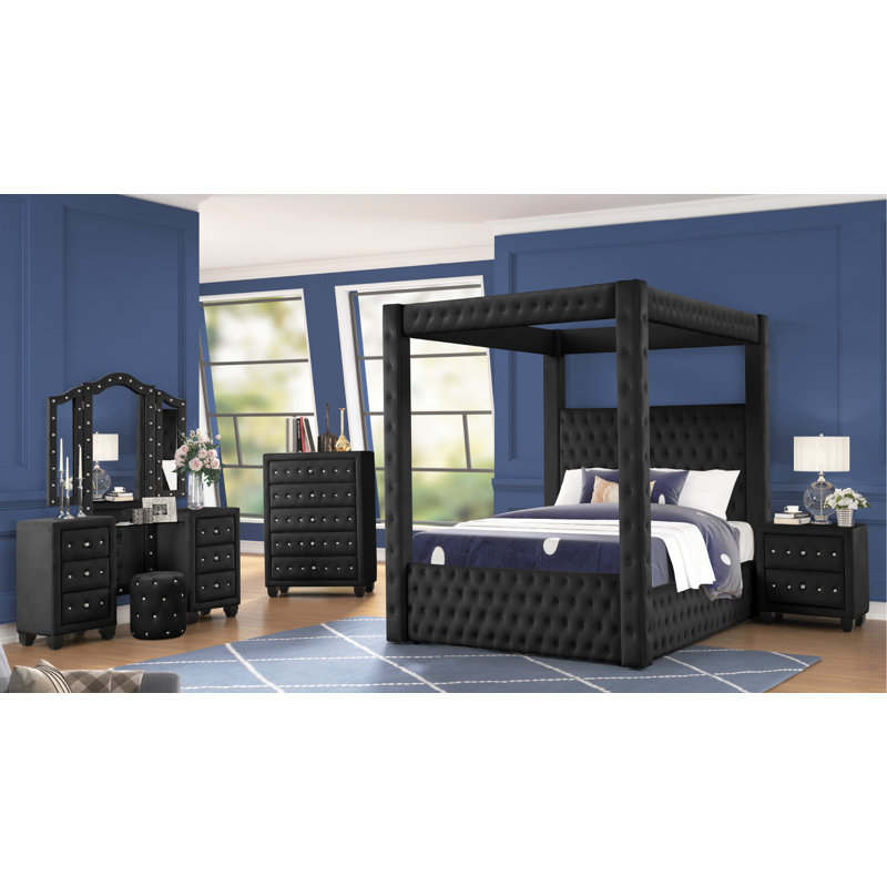 Ensemble de chambre à coucher 5 pièces Janeece, Noir, Double