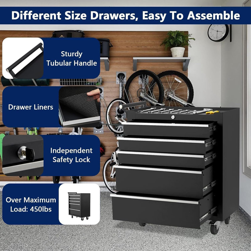 Armoire de rangement à outils 5 tiroirs, avec système de verrouillage et doublures de tiroir