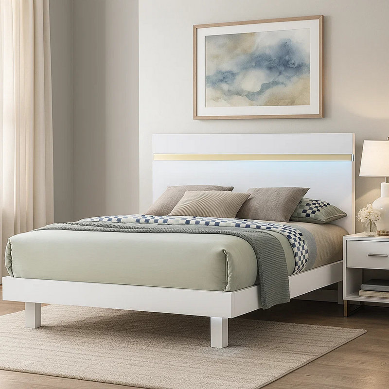 Yoki Full Size Bed W Underbed LED, Acrylic Gold Trim, White Frame, Full, White/Gold