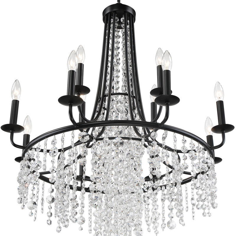 12 - Light Candle Style Wagon Wheel Chandelier with Crystal Accents, Black