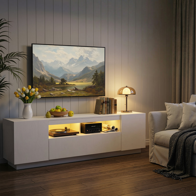Meuble télé à DEL, grand meuble de divertissement pour meuble télé avec tablettes de rangement, console de télévision robuste pour le salon, la chambre à coucher