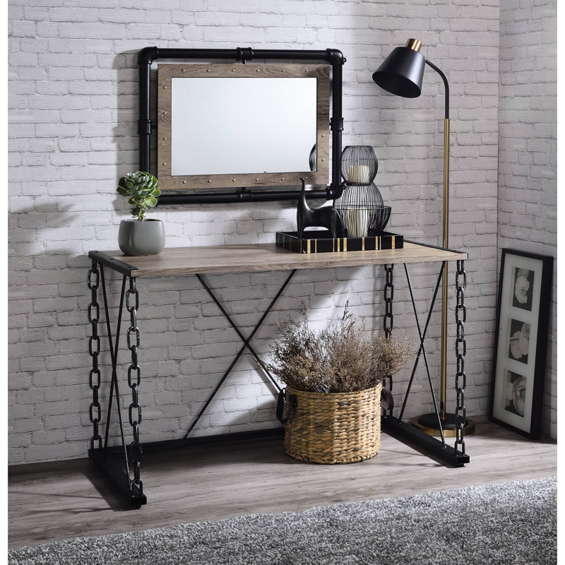 Bureau rectangulaire avec plateau en chêne rustique et console en métal industriel noir antique