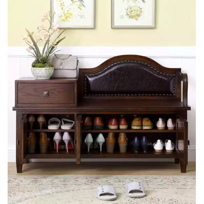 Traditional Solid Wood Shoe Storage Bench With Nailhead Trim Backrest