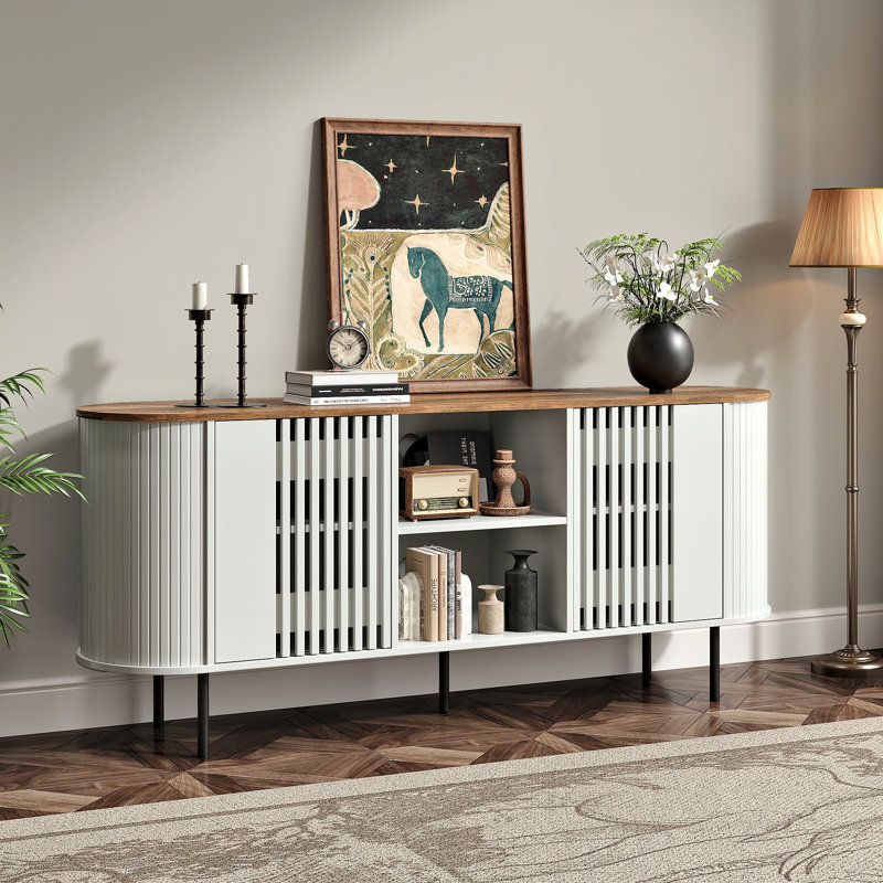 65 Inch TV Stand for TVs Up to 75", Mid Century Modern Entertainment Center TV Console with Adjustable Shelves, Curved Profile Design, Media Console for Living Room, White&Oak