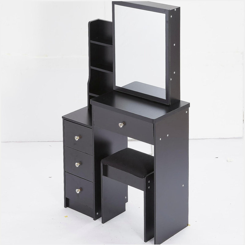 Petite coiffeuse 29,2 po avec tabouret de chevet gauche + tabouret rembourré, très grand miroir coulissant à droite, rangement multi-couches à grande capacité, commode pratique et pratique, convient aux petits espaces