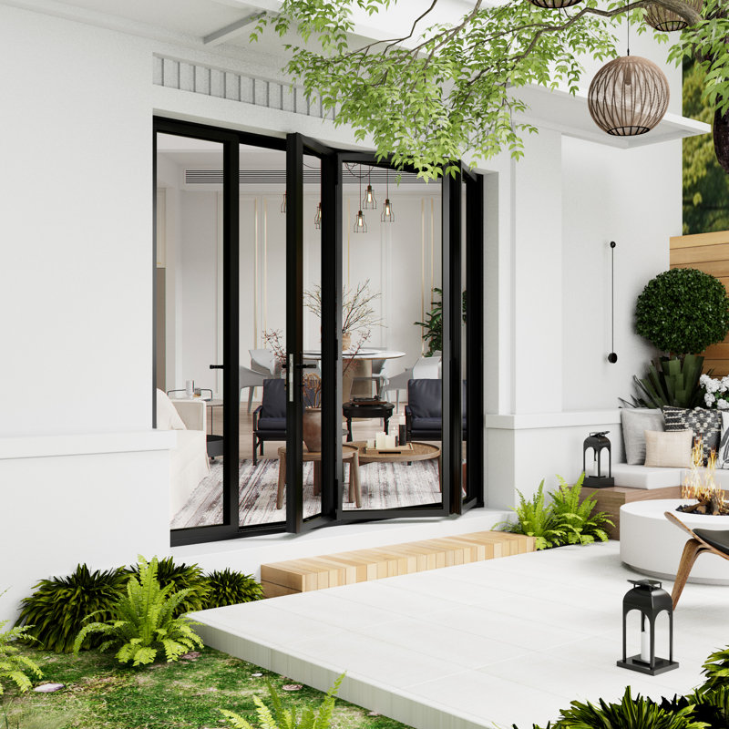 Porte de patio pliante double en aluminium trempé noir 120 po x H 80 po 3 + 1, L 120 po x H 80 po
