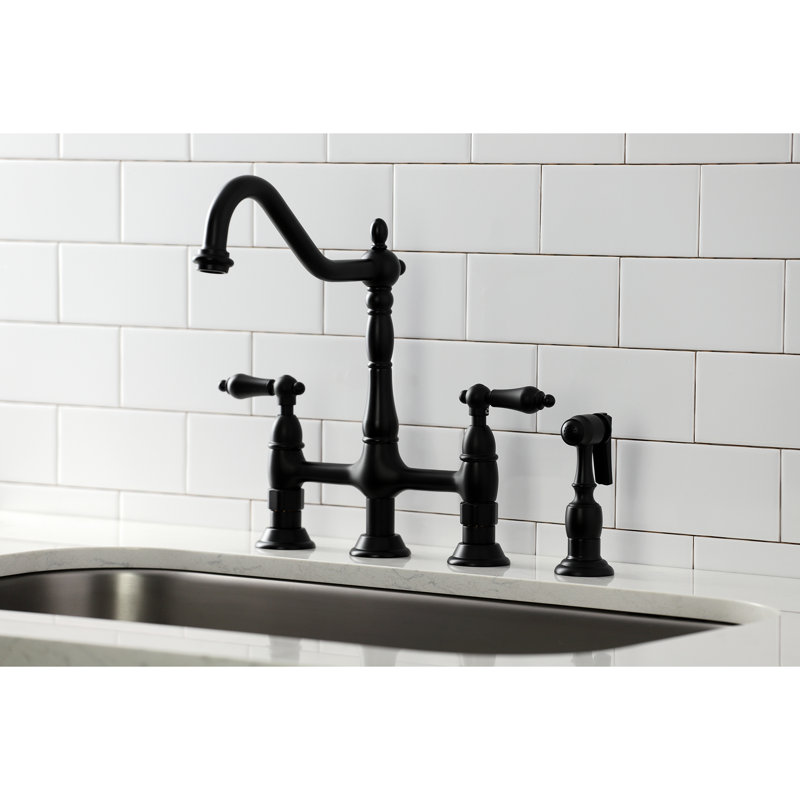 Kingston Brass Heritage Two-Handle 4-Hole Deck Mount Bridge Kitchen Faucet with Brass Side Sprayer, Matte Black
