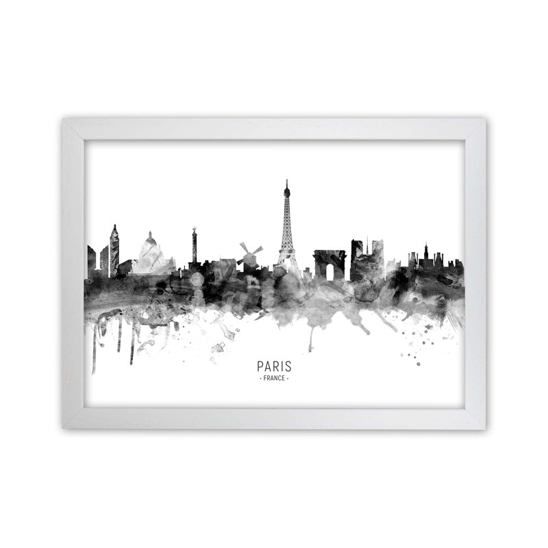 Paris France Skyline Black White City Name by Michael Tompsett - Print, 46cm H x 63cm W x 3cm D, White Framed