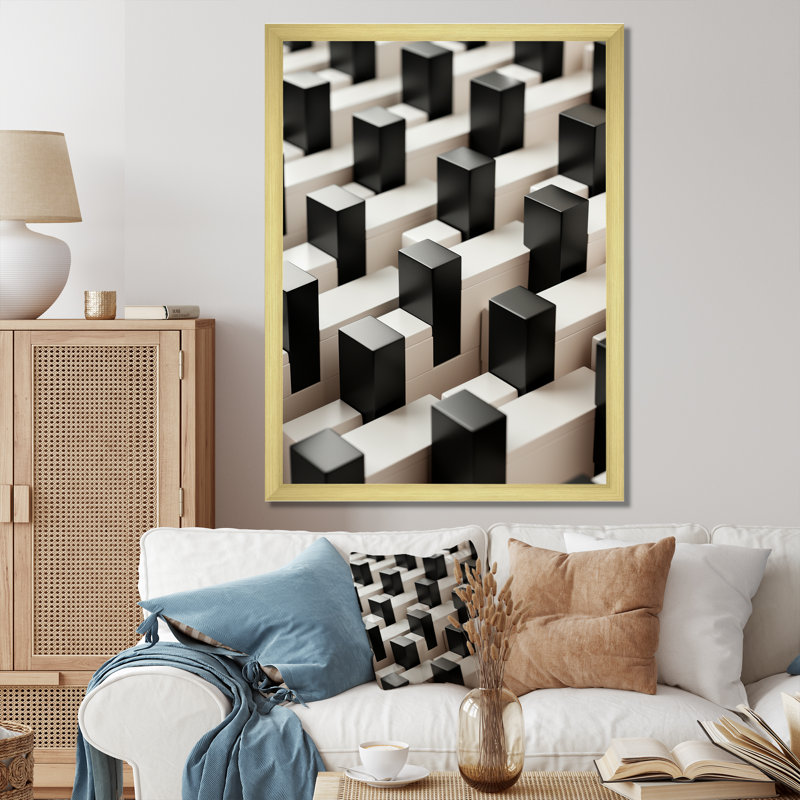Panneaux de puissance abstraits en noir et blanc III - Art mural, Encadrement doré, H 20 po x l 12 po x P 1 po